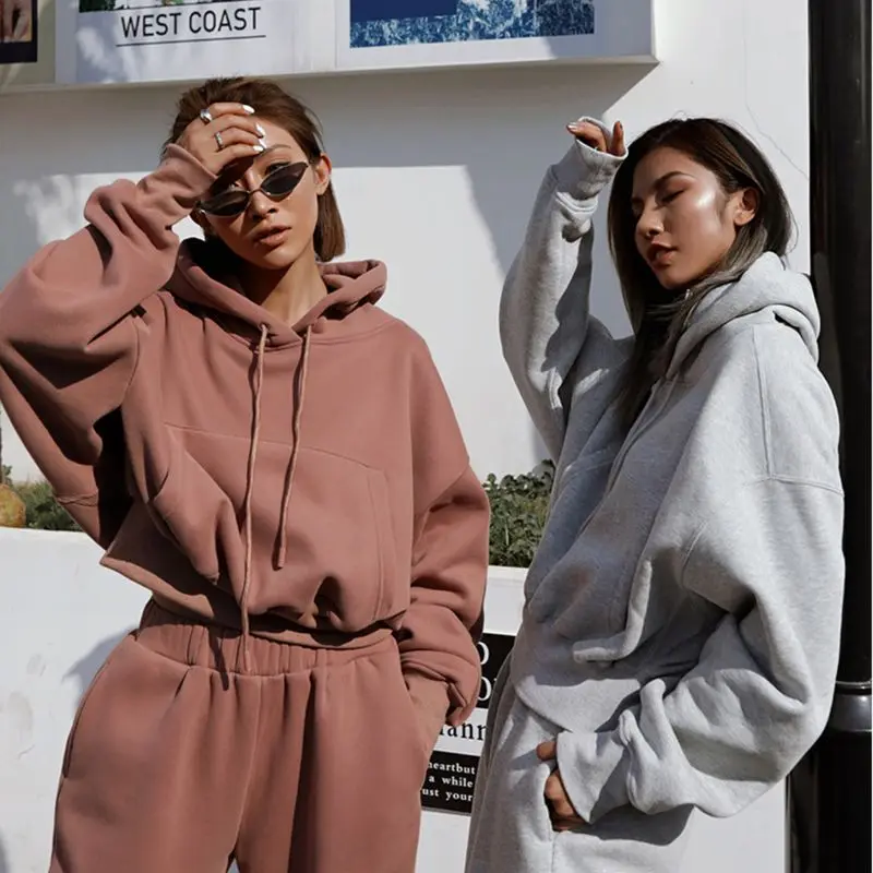 

Women Tracksuit 2022 European American Autumn Winter New Casual Long-Sleeved Sweater Coat Loose Pants Solid Color Sports Suit