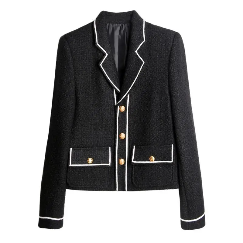 Women\'s Autumn New Classic Black Tweed Short Suit Lapel Jacket Ladies OL Blazer