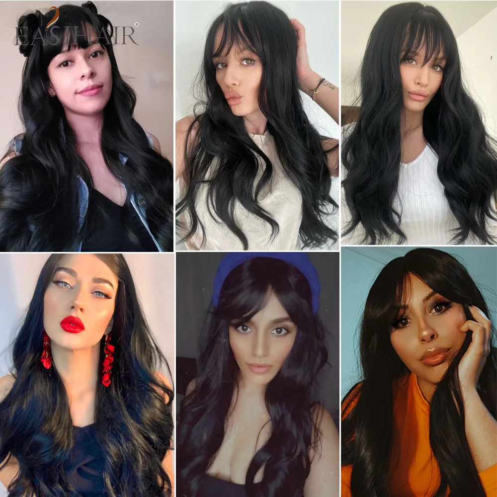 EASIHAIR Long Black Wigs Cosplay Body Wave Synthetic Wigs with Bangs for White Black Women Brazilian American Natural Hair