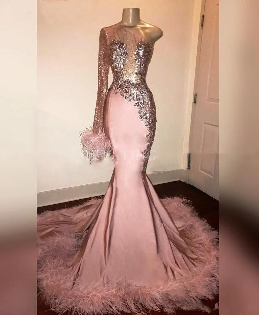 Glitter Sequin Prom Dress Long Sleeve Mermaid Pink Black Girl Feathers Train One Shoulder African Formal Evening Gowns vest