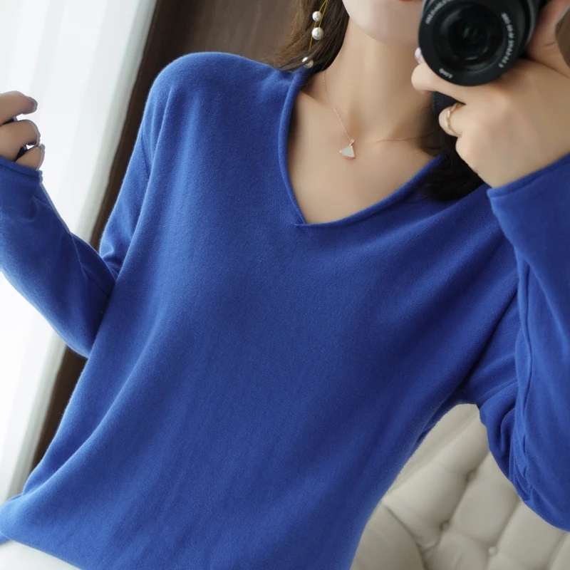 Loose Lazy V-neck Knitted Sweater Women Fall Winter Pure Cotton Pullovers Women\'s Long Sleeve Tops