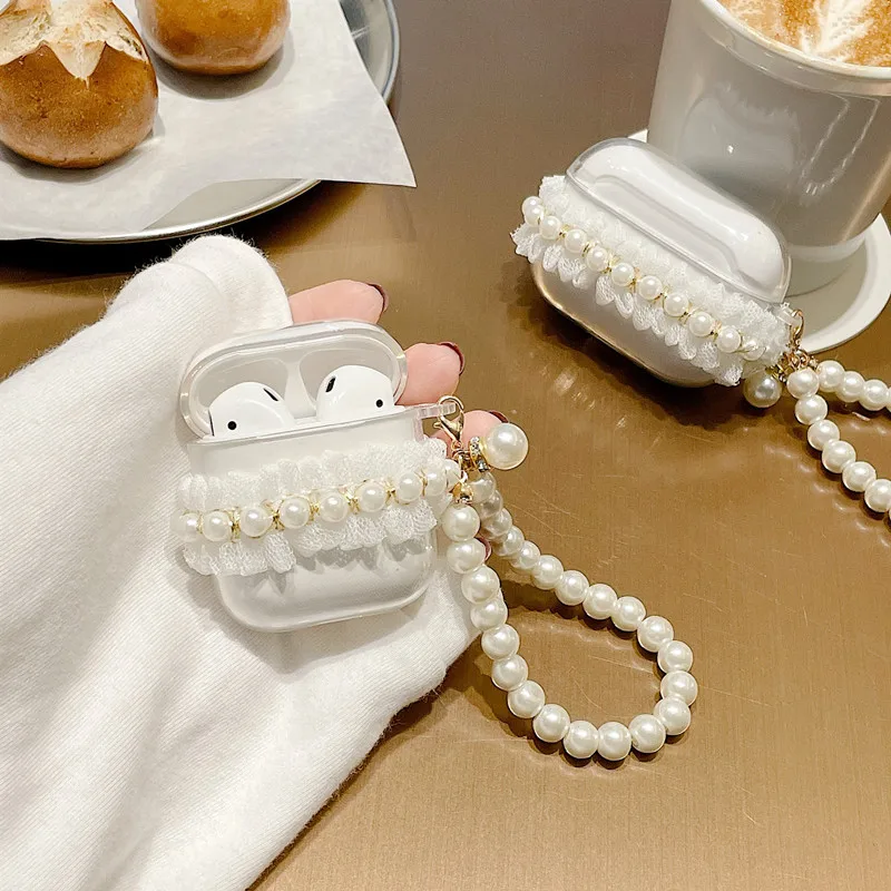 INS Retro Lace Pearl Decor Headset Case for Apple Airpods 1 2 Pro 3 Bluetooth Earphone Headset Box Cute Pearl Bracelet Key Ring