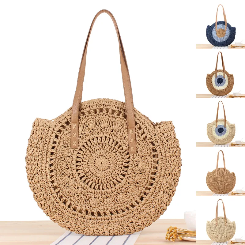 Women\'s Shoulder Bags Top-handle Handbag Paper Rope Handmade Woven Bag Round Splicing Pastoral Tote Bag Female Summer Casual