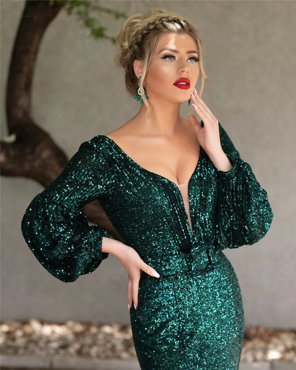 Vestido De noche De sirena elegante para mujer, traje De noche Formal con lentejuelas, manga larga, color verde, 2021