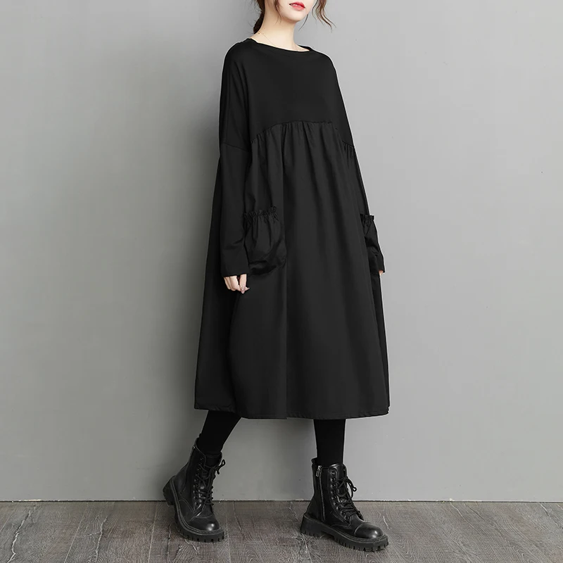 Long Sleeve Black Big Pocket Patchwork Dresses For Women Loose Casual Vintage Dress Fashion Elegant Clothing Spring Autumn 2026