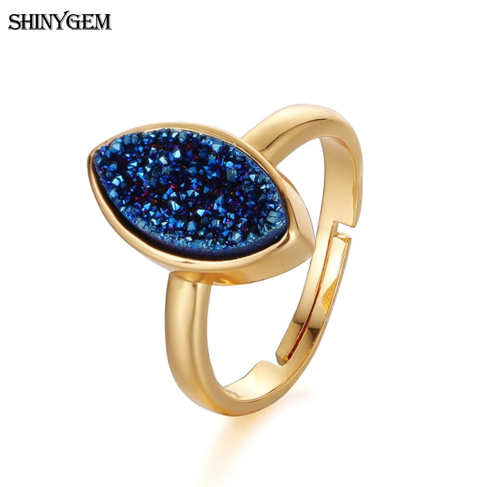 ShinyGem Natural Crystal Gem Druzy Stone Evil Eye Rings Adjustable Classic Mineral Quartz Gold Plating Jewelry For Women Wedding