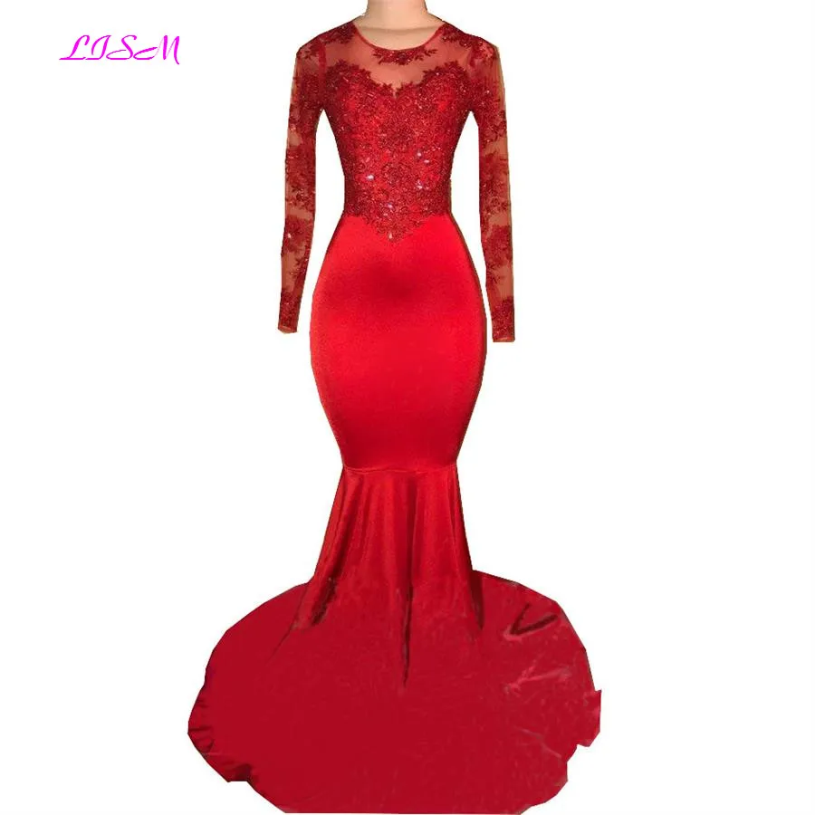 Long Sheer Mermaid Evening Dresses Red Beaded Appliques Satin Prom Party Gowns Sexy Long Formal Dress Vestido De Festa