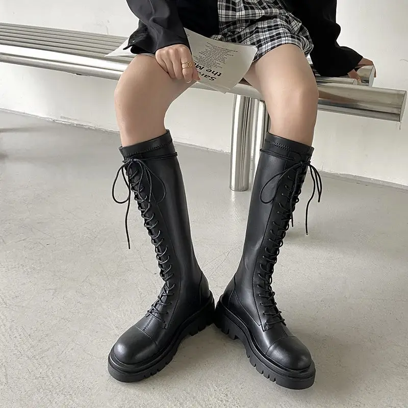 MORAZORA Plus Size 34-43 New Women Boots Lace Up Knee High Boots Thick Fur Platform Winter Snow Boots Chunky Ladies Shoes