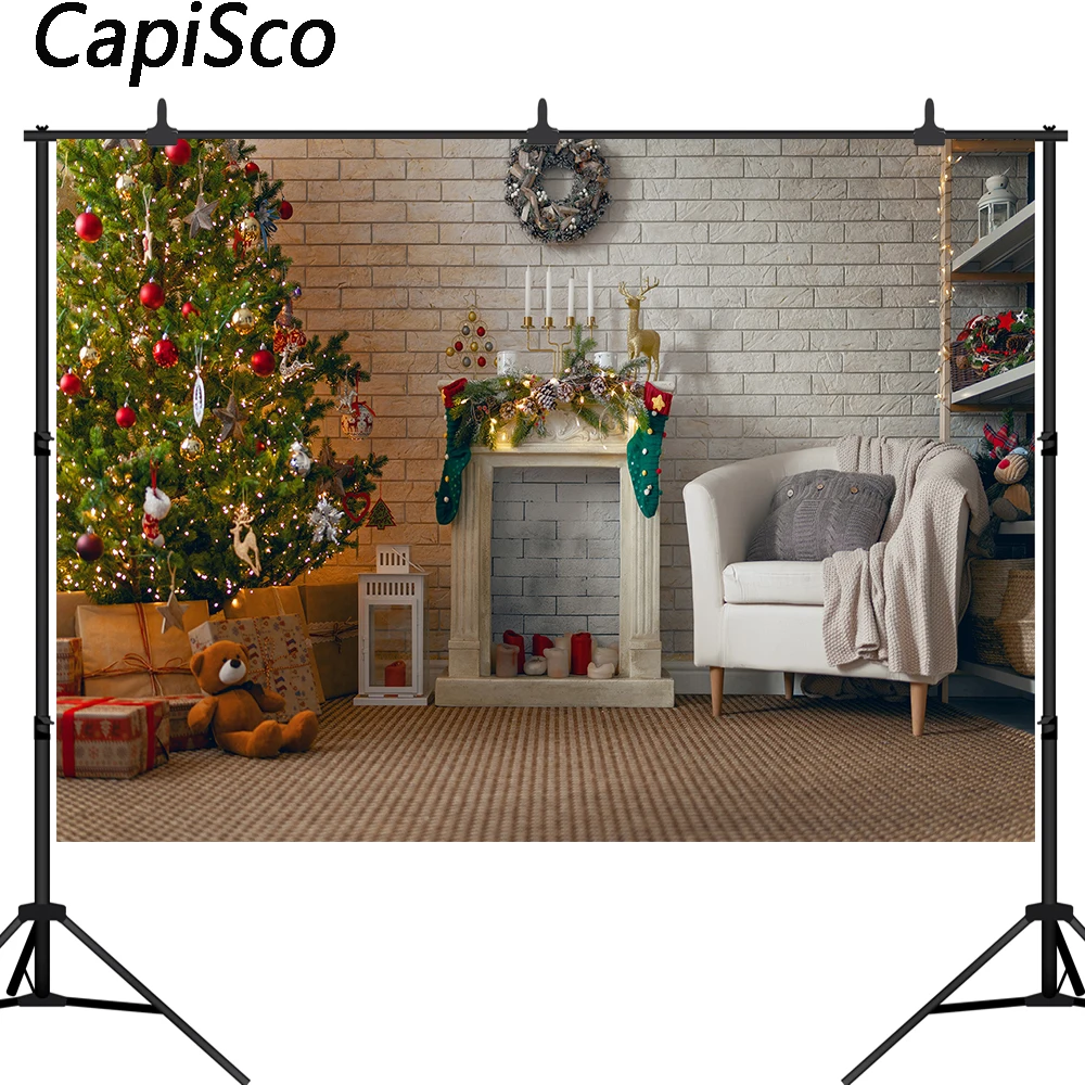 Capisco Christmas Fireplace Photography Backdrop Xmas Tree Gift Party Supplies Background Banner Photo Studio Decor Booth Props