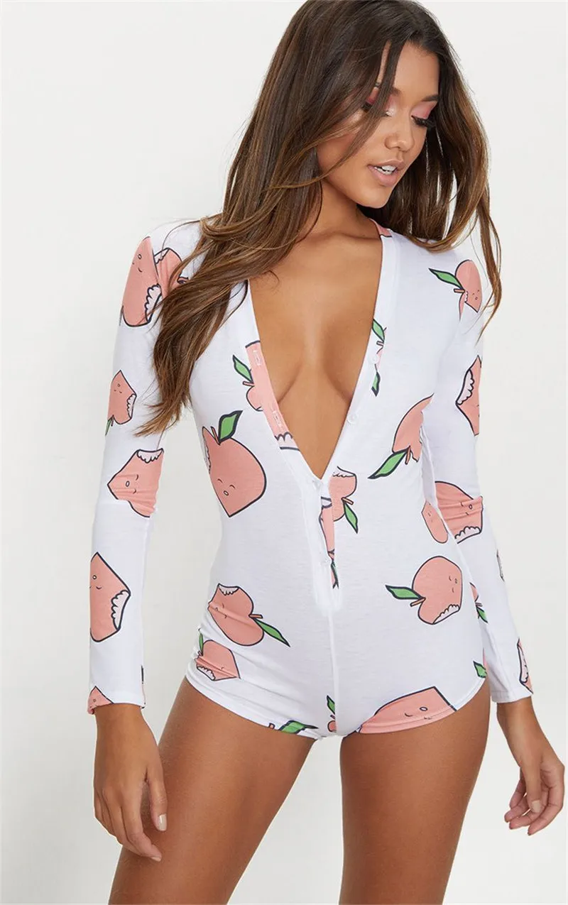 Sexy Women Deep V-neck Bodycon Sleepwear Jumpsuit Bodysuit Shorts Romper Bodysuit Leotard Long Sleeve Print Button Bodysuit New