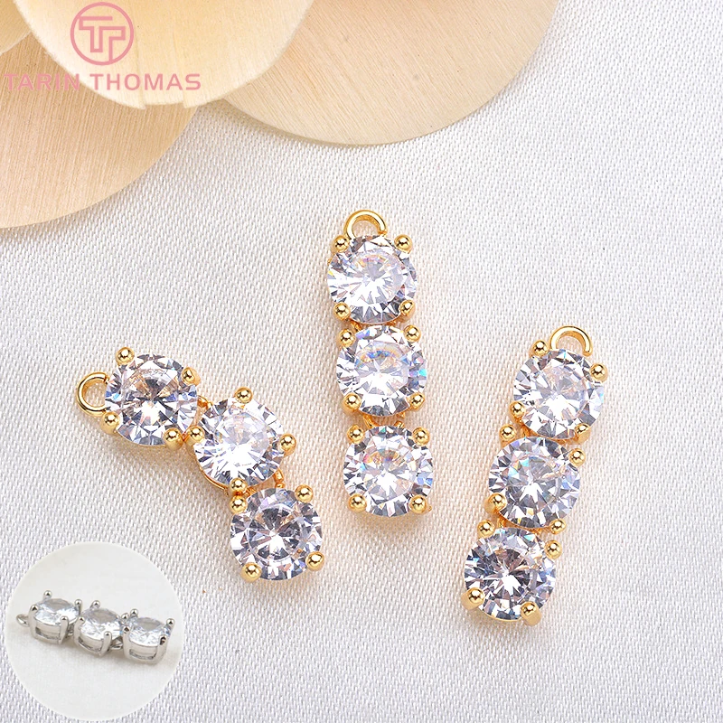 (177) 4PCS 6x20MM 24K Gold Color Plated Brass with Zircon explosion Three-chain  Charms Pendants High Quality Diy Jewelry