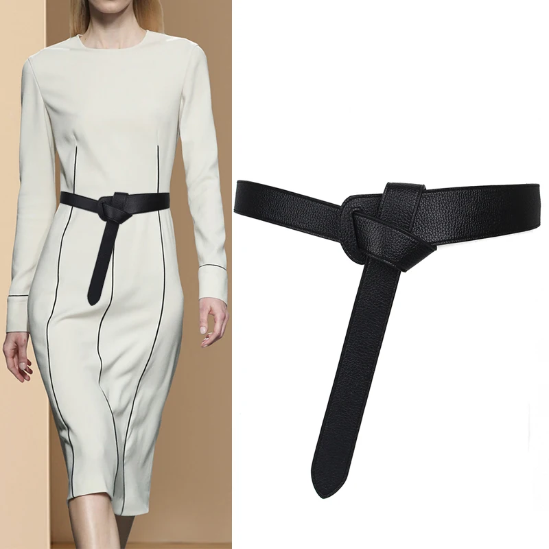 

118cm Women genuine leather Belt Wide Knotted Shirt Simple Fashion Versatile Black Waistband With Skirt And Style bind Belt