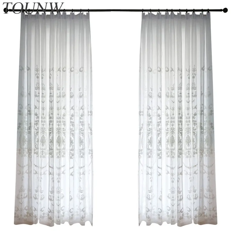 Cortina de tul transparente para sala de estar, tela de gasa de Organza bordada, color blanco, para ventana de dormitorio, Europa