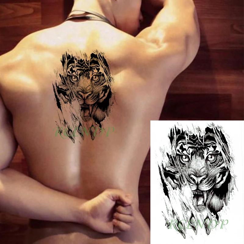 Waterproof Temporary Tattoo Sticker roaring tiger head paw big cat animal tatto black flash tatoo fake tattoos for men women