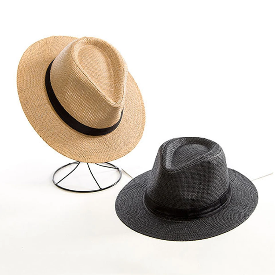 Summer Straw Hat for Men Women Sun Beach Hat Elegant Jazz Panama Hats Fedora Wide Brim Sun Protection Cap with Black Belt