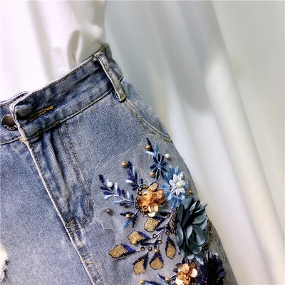 Women Summer 3D Flowers 2 Pieces Suits New White Cotton Tshirt Top And Tassel Denim Skirt Embroidery Sequined Set