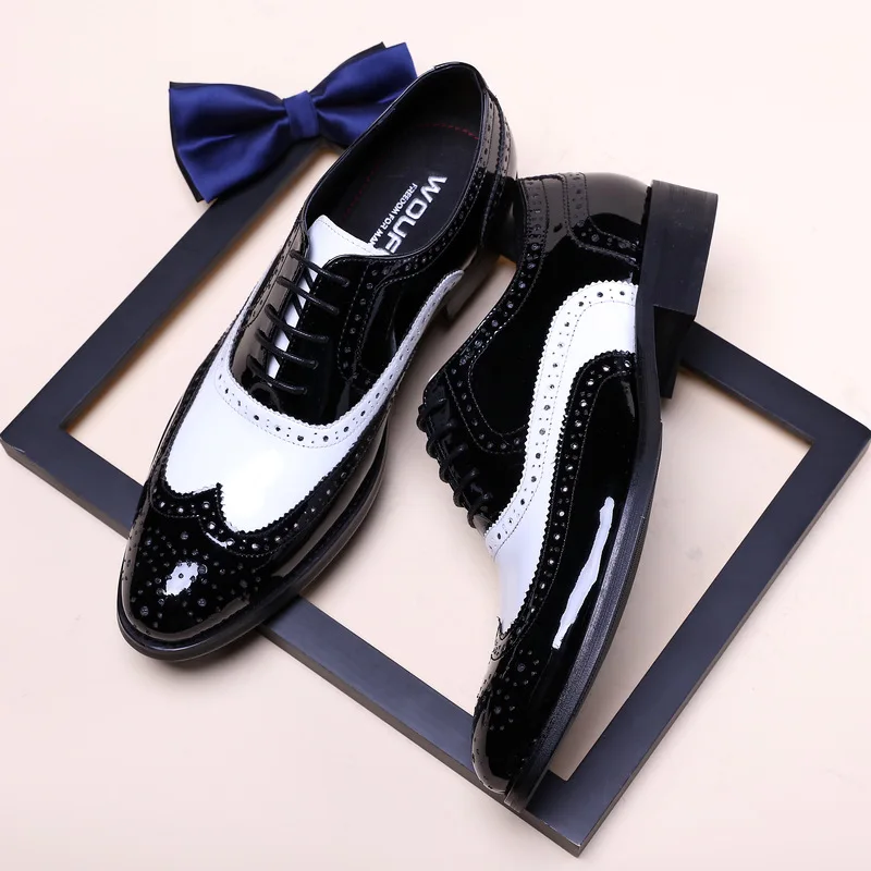 Luxury Black White Wingtip Quality Patent Leather Dress Shoes Italian Fashion Brogues Wedding Classic Oxfords Shoes for Male