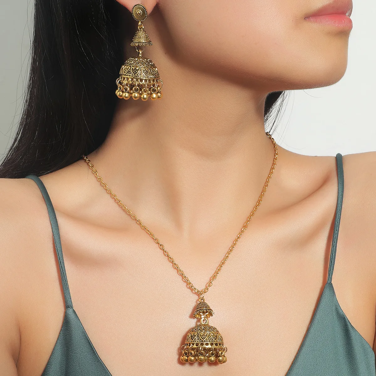 Vintage Indian Wedding Jewelry Set For Women Gold Color Carved Bells Necklace&Earring Statement Dangle Earrings Gifts