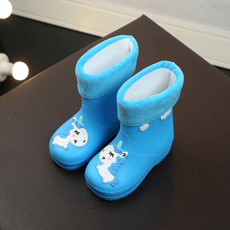 New Kids Rain Boots For Girls Rubber Rainboot Boys Baby Girls PVC Warm Children Waterproof Shoes Modis Cartoon Unicorn Removable