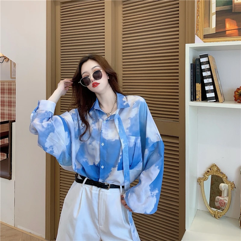 Korean Summer Harajuku Vintage Tie-dye Blouses Shirt Sky Clouds Printing Full Sleeve Streetwear Casual Loose Blouses Shirt