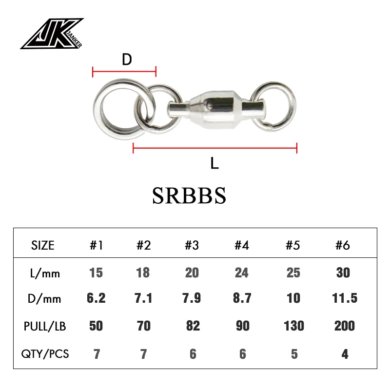 JK 50-200LB Heavy Duty Ball Bearing Barrel Fishing Rolling Swivel Stainless Steel Connector Solid Ring