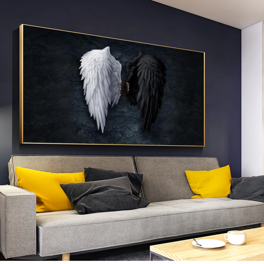 

3D Black White Fantasy Angel Feather Wings Wall Art Canvas Painting Abstract Poster Print Living Room Home Office Decor Pictures