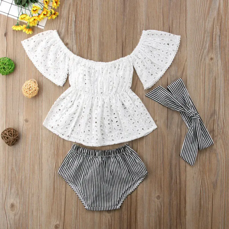 0-24M Baby Girls Summer Clothes Set Newborn Infant Lace Off Shoulder Short Sleeve Top  + Stripe Shorts + Headband 3Pcs Outfits