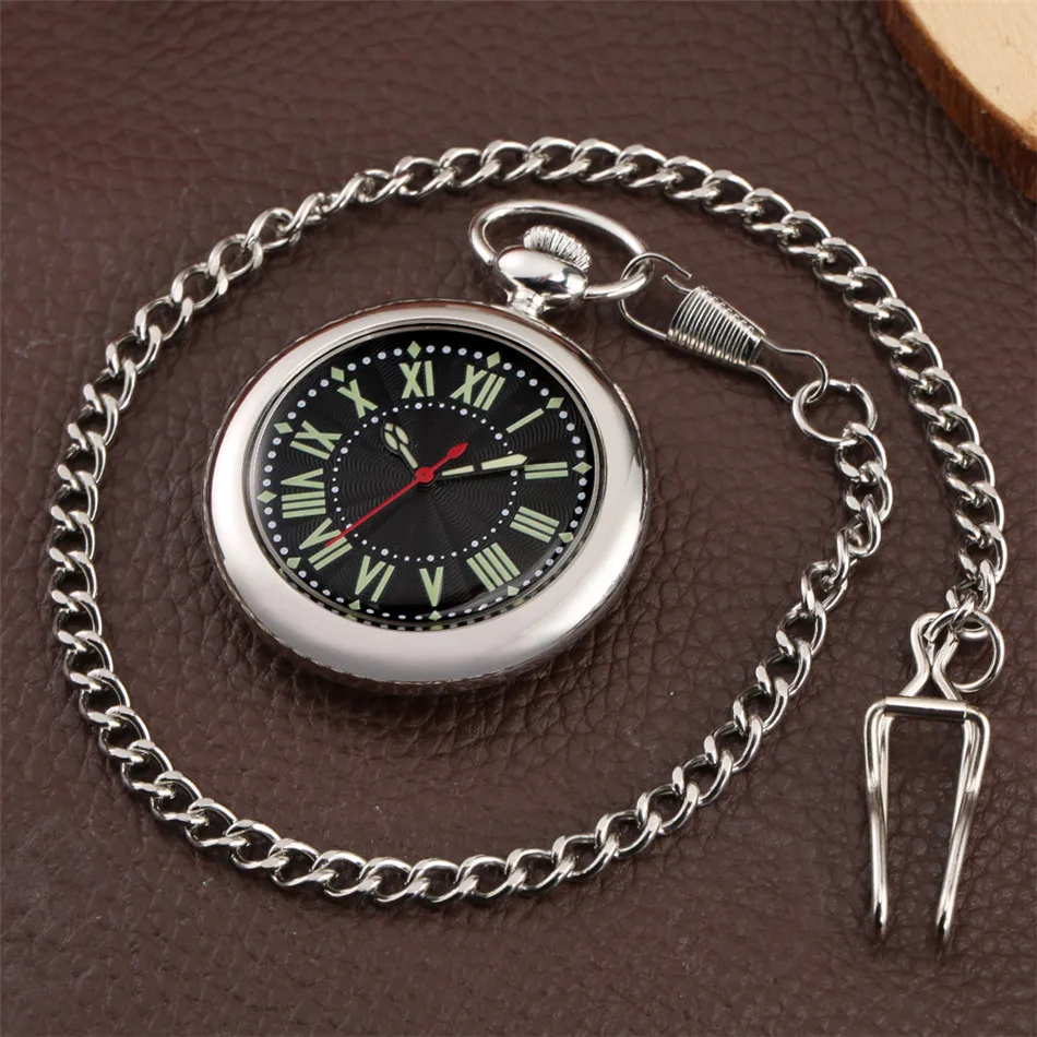 Red Seconds Luminous Roman Numbers Display Quartz Pocket Watch Polishing Silver Open Face Pendant Pocket Clock with Chain