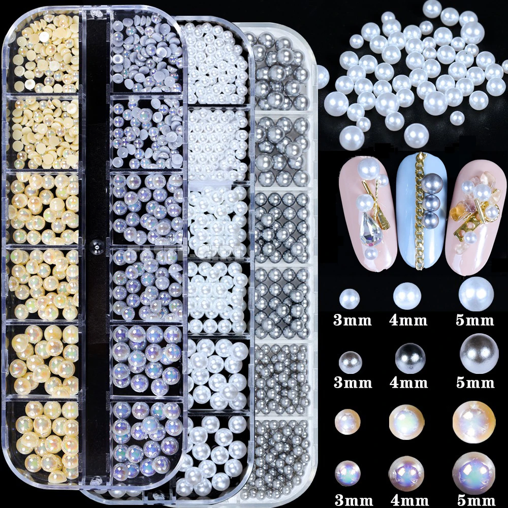 

12 Grids/Box 3D Pearls Mix Sizes White AB Gray Champagne Semisphere Round ABS Nail Art Rhinestone Decorations Manicure DIY Tips