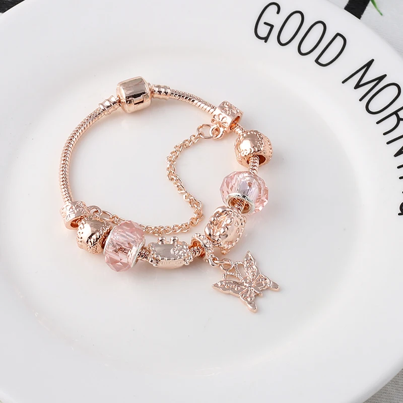 Yexcodes Rose golden butterfly Charm Bracelet With An crown Beads Fits Fine Bracelet Women Party Jewelry Dropshipping