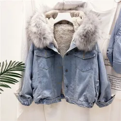 2024 New Winter Jacket Women Velvet Thick Denim Jacket Big Faux Fur Collar Hooded Jean Jacket Female Vintage Casual Outwear 1025