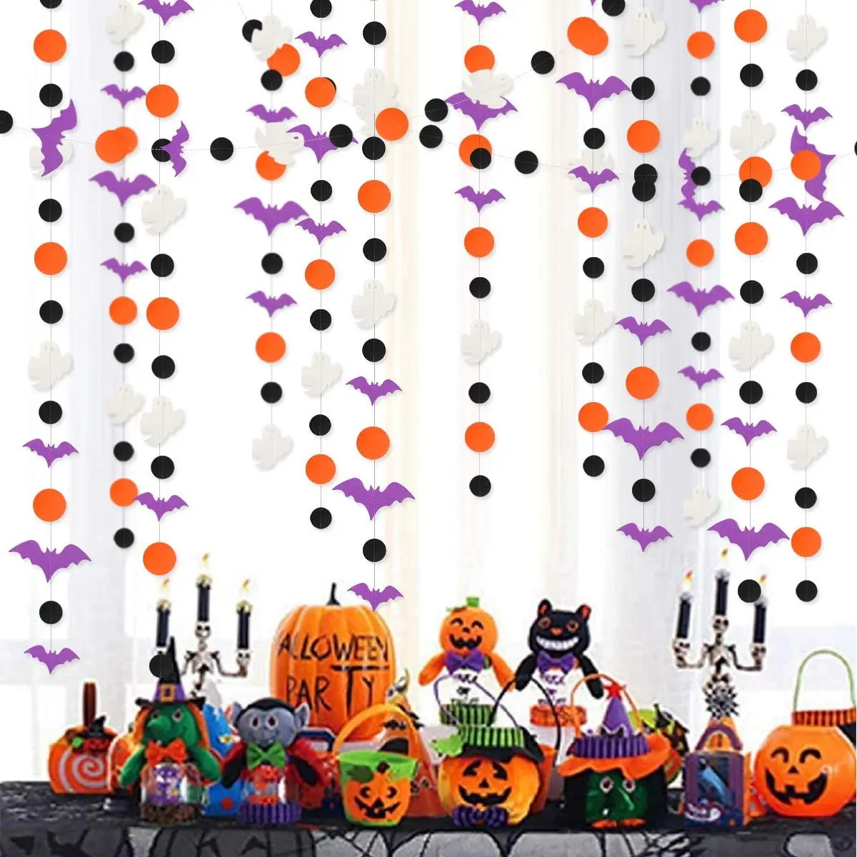 Halloween Party Decorations Paper Spider Bat Garland Streamers Purple Bat White Ghost Black Orange Circle Hanging Banner Bunting