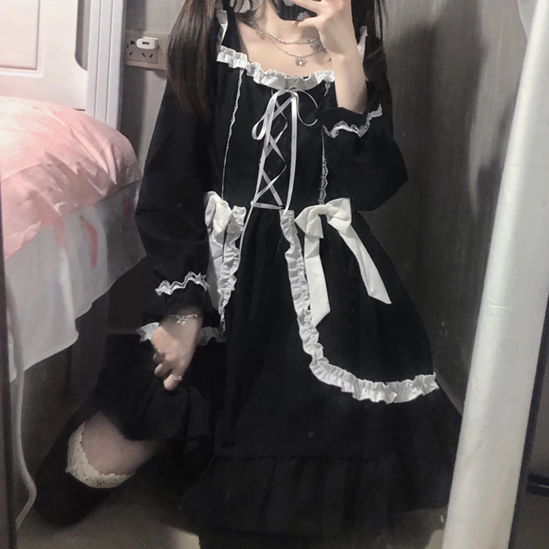 Gothic Lolita schwarzes Kleid Vintage japanische weiche Mädchen niedlichen Bogen Schnür Rüschen lang ärmel ige Prinzessin Frauen Punk Kleider