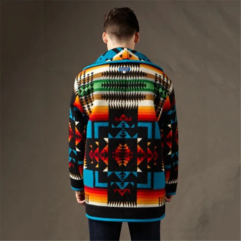 Men Woolen Blend Coat Full Sleeve Printed Fashion Polo Collar Woolen Jacket Coat Autumn Winter Thick Warm Single Breasted