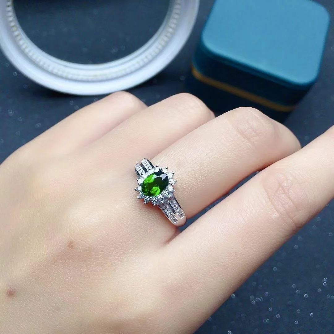 

0.7ct 5mm*7mm Natural Chrome Diopside Ring for Party Solid 925 Silver Diopside Jewelry Brithday Gift for Woman