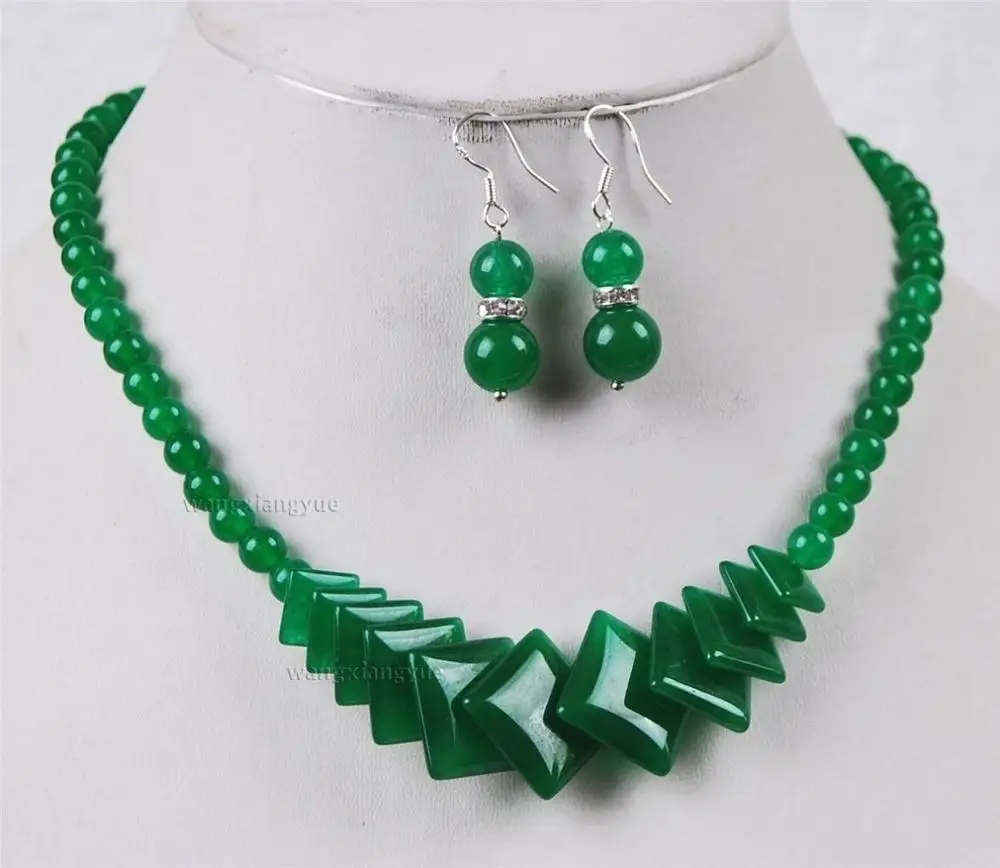 

6-18mm Natural Green Jade Round & Square Beads Jewelry Necklace Earrings Set AAA jade