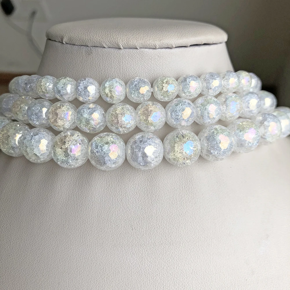 Natural Stone Faceted AB White Snow Cracked Quartz Crystal Beads For Jewelry Making Diy Bracelet Necklace 15Inch 4 6 8 10 12mm