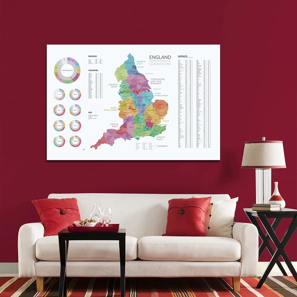 Póster de lona no tejida para decoración del hogar, mapa de las subdivisiones centrales de Inglaterra, con detalles de las Regiones, material escolar, 150x100 Cm