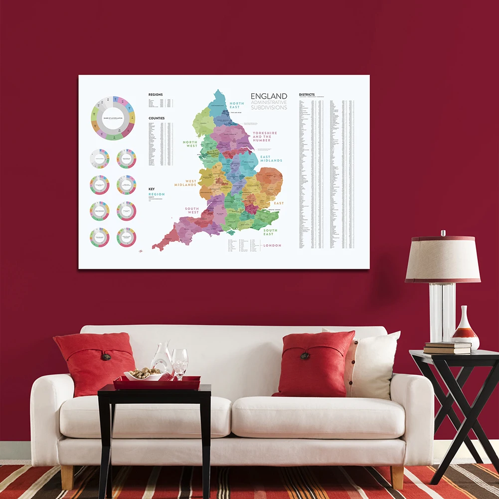 150 * 100 cm Mapa Anglii Podziałki administracyjne Szczegółowe Regiona Włóknina Płótno Plakat Home Decor Przybory szkolne