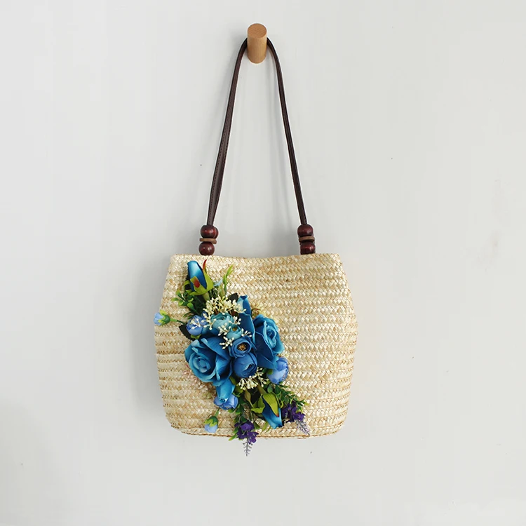 Women Fashion Summer Beach Rattan Bag Weave Straw Blue Artificial Flowers Studded Crossbody Shoulder Bag Hat Suit Bohemia Style