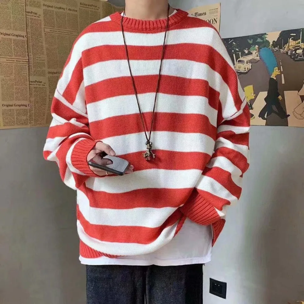 2023 Fashion Men Striped Casual Knitted Sweater Men\'s Korean Collage Autumn Pullover Tops Male O-Neck Oversize Sweater