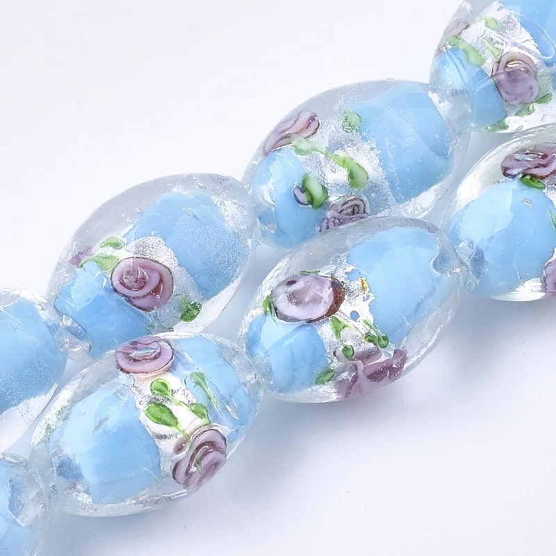 20pcs Handmade Foil Glass Lampwork Beads Oval with Flower for jewelry making Decorate 16~17x9~11mm, Hole: 1.5~2mm F60