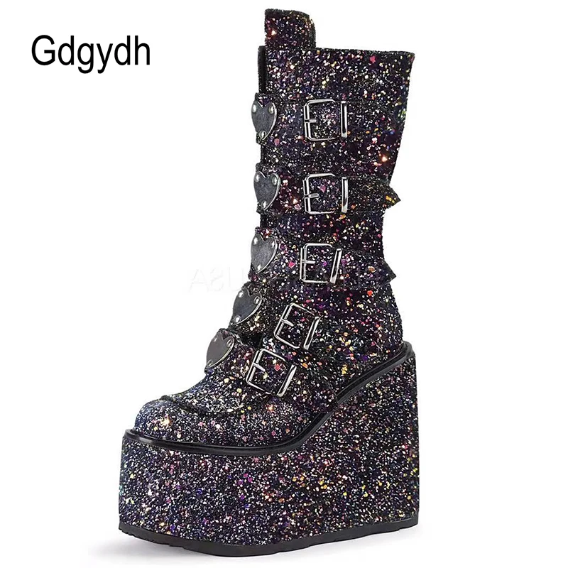 Gdgydh Female Wedges High Heels Boots Heart Shape Lovely Platform Combat Women Boots Sequins Glitter Punk Cool Winter Shoes Lady