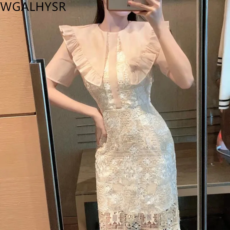 

2024New Arrival Ladies Lace Hollow Out Summer Women Full Embroidered Lace Patchwork Doll Large Lapel Lotus Leaf Dress