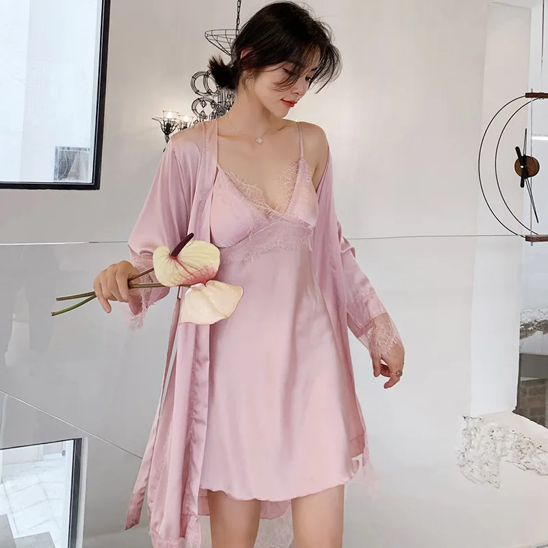 

2PCS Women Lace Robe Sets Sexy Bride Dressing Bathrobe Gown Sleepwear V-Neck Nightdress Nightwear Summer Loungewear Home Dress