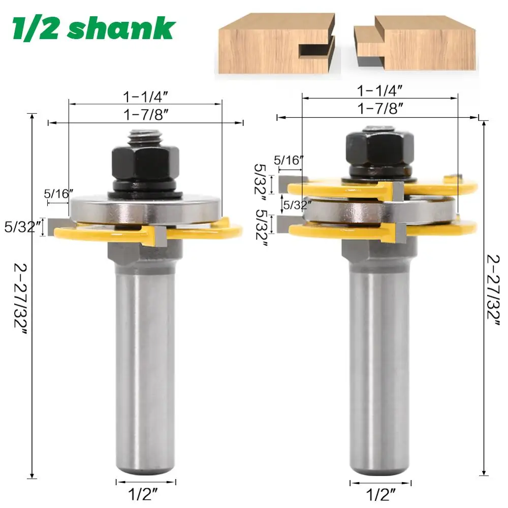 2pcs 12mm Shank 1/2 shank Joint Assemble Router Bits Tongue & Groove T-Slot Milling Cutter for Wood Woodwork Cutting Tools