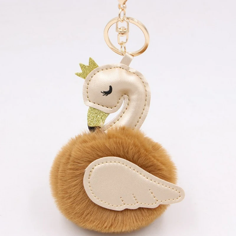 Cute Pompom Pink Flamingo Keychain For Women Fluffy Rabbit Fur Ball Swan Key Chain On Bag Car Trinket Wedding Party Girl Gift