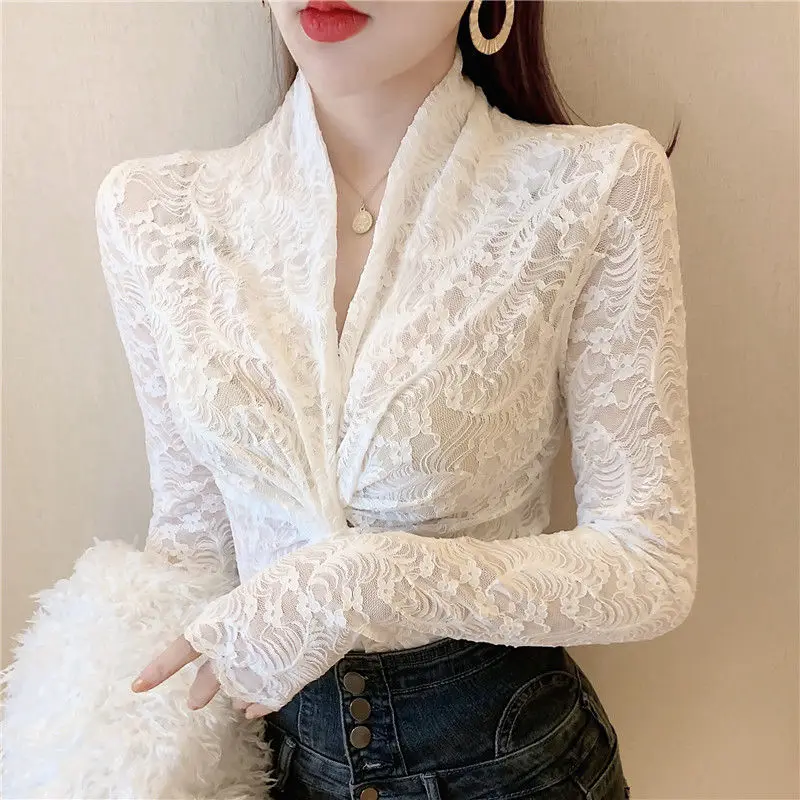 Elegant Gauze Lace Hook Flower Hollow Blouses 2023 Spring Autumn New Sexy V-Neck Slim Long Sleeve Blouse Women\'s Clothing Shirts