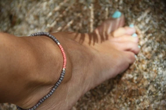 Silver Coral Grey Beaded Anklet Ankle Bracelet Stretch Anklet Stacking Bracelet Arm Band Boho Anklet