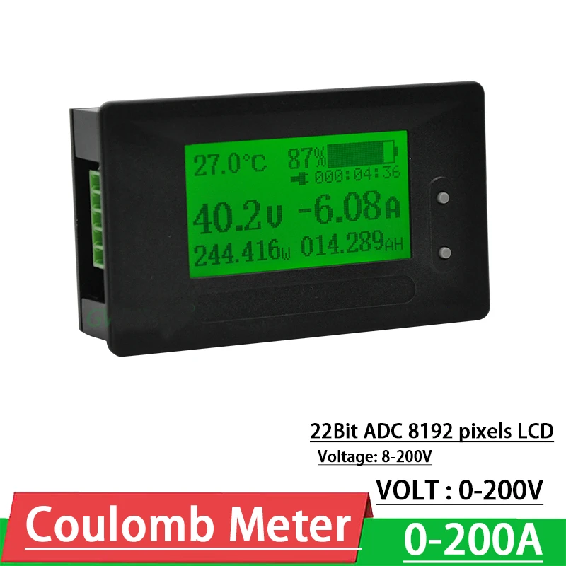 DC Coulomb Meter Battery monitor 200V 200A Lifepo4 lead-acid Li-ion lithium capacity power display 12V 24V 48V 60V 72V Shunt